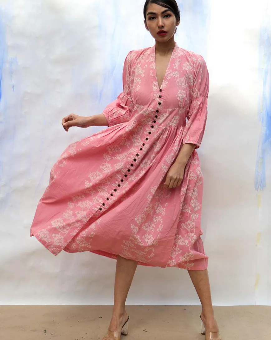 Pink Handprinted Front Open Pure Cotton Dress -Skd