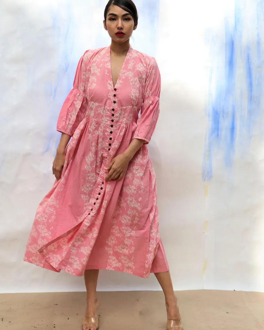 Pink Handprinted Front Open Pure Cotton Dress -Skd