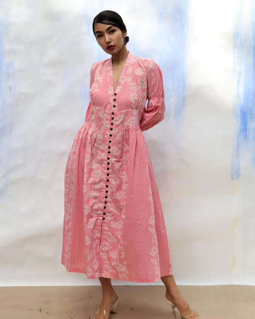 Pink Handprinted Front Open Pure Cotton Dress -Skd