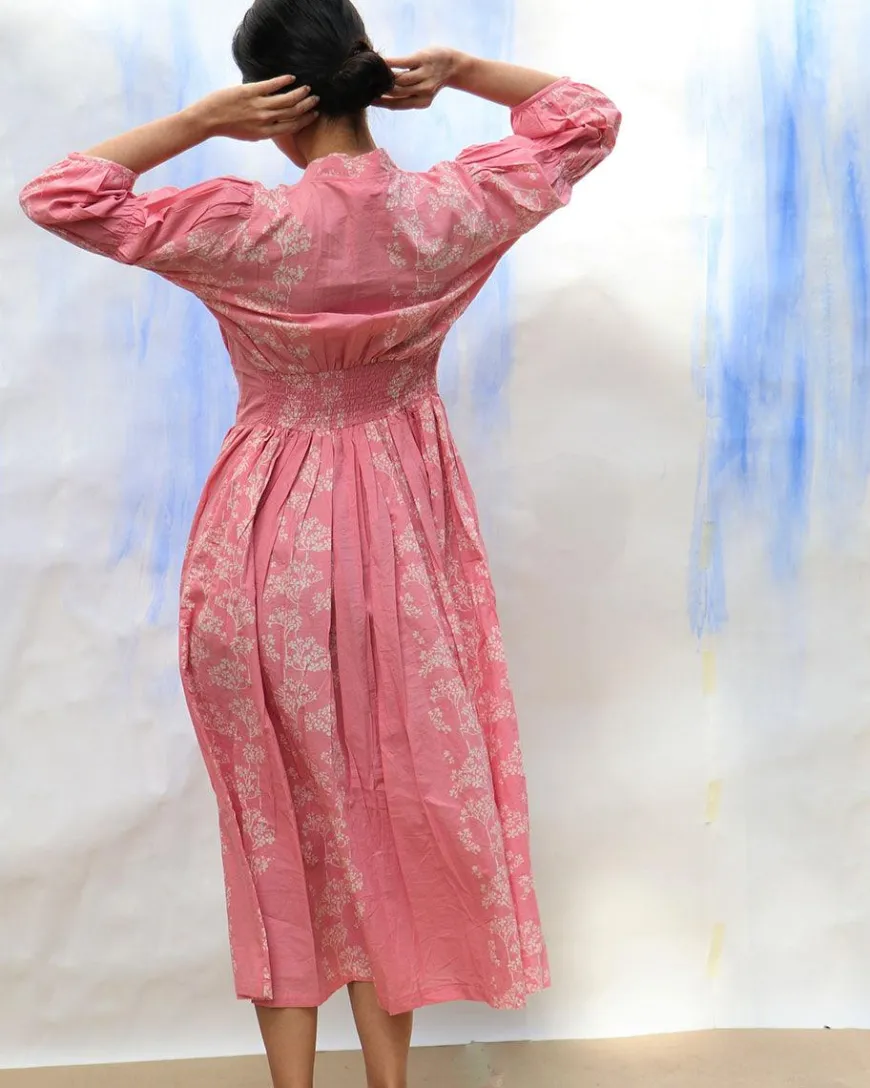 Pink Handprinted Front Open Pure Cotton Dress -Skd