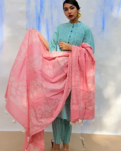 Pink Handprinted Pure Cotton Dupatta -Skd