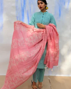 Pink Handprinted Pure Cotton Dupatta -Skd