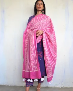 Pink Pure Cotton Block Printed Dupatta-Ajooni