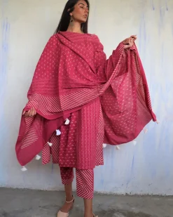 Pink Pure Cotton Block Printed Dupatta-Ajooni