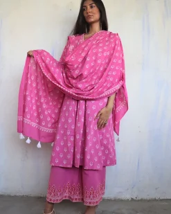 Pink Pure Cotton Block Printed Cotton Dupatta-Ajooni