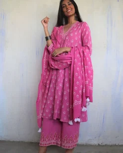 Pink Pure Cotton Block Printed Cotton Dupatta-Ajooni