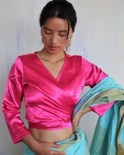 Pink Tie-Up Mashru Silk Blouse-Sahar
