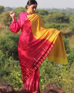 Pink-Yellow Blockprinted Modal Silk Saree - Rang