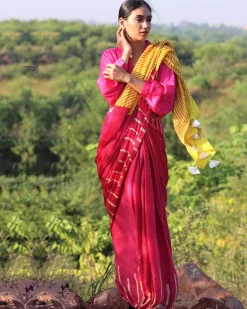 Pink-Yellow Blockprinted Modal Silk Saree - Rang