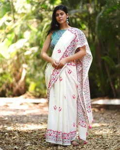 Poppy's Perfection Ivory Block Printed Saree - MMG