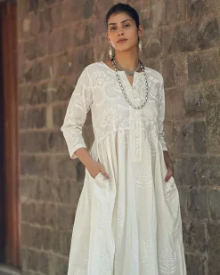 Pressed Cotton Ivory Handblock Printed Kurta Pant Set - SFD