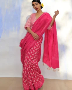 Pretty In Pink Blockprinted Cotton Saree- Skd