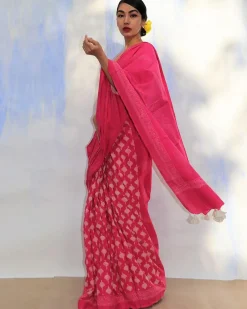 Pretty In Pink Blockprinted Cotton Saree- Skd