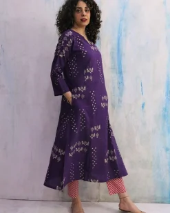 Purple & Pink Block Print Cotton Kurta Set