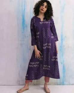 Purple & Pink Block Print Cotton Kurta Set