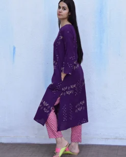 Purple & Pink Block Print Cotton Kurta Set