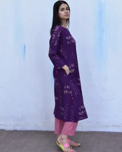 Purple & Pink Block Print Cotton Kurta Set