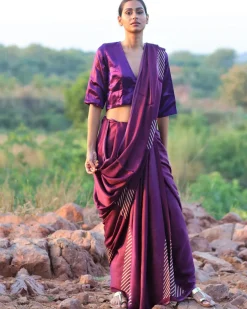 Purple Blockprinted Modal Silk Saree - Rang