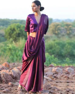 Purple Blockprinted Modal Silk Saree - Rang