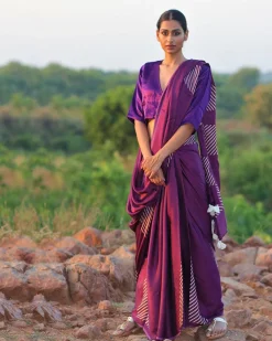 Purple Blockprinted Modal Silk Saree - Rang