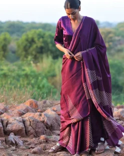 Purple Blockprinted Modal Silk Saree - Rang