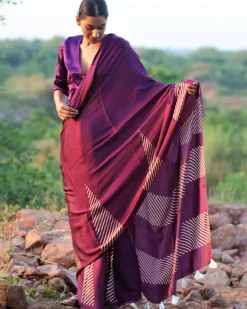 Purple Blockprinted Modal Silk Saree - Rang