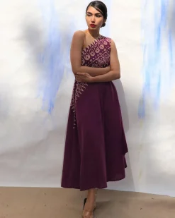 Purple Handprinted One Shoulder Pure Cotton Dress -Skd