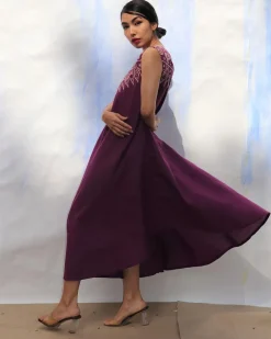 Purple Handprinted One Shoulder Pure Cotton Dress -Skd