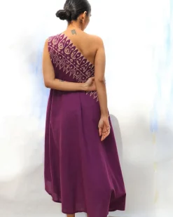 Purple Handprinted One Shoulder Pure Cotton Dress -Skd
