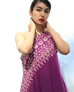 Purple Handprinted One Shoulder Pure Cotton Dress -Skd