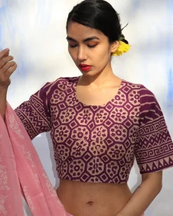 Purple Handprinted Pure Cotton Crop Top Blouse -Skd