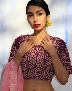 Purple Handprinted Pure Cotton Crop Top Blouse -Skd