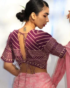 Purple Handprinted Pure Cotton Crop Top Blouse -Skd