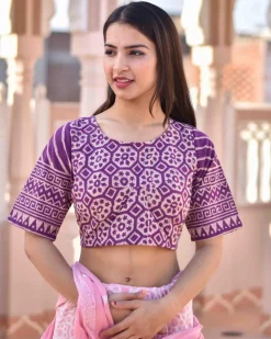 Purple Handprinted Pure Cotton Crop Top Blouse -Skd