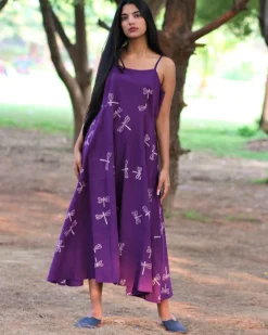 Purple Handprinted Pure Cotton Dress-Slow