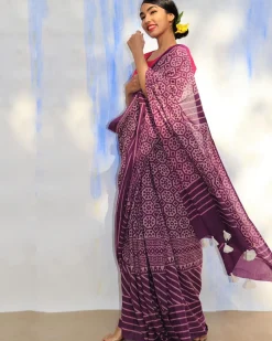 Purple Meadow Hand Blockprinted Sarees- Skd