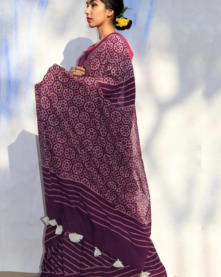 Purple Meadow Hand Blockprinted Sarees- Skd