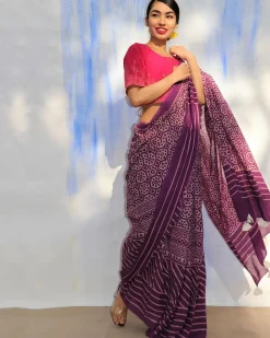 Purple Meadow Hand Blockprinted Sarees- Skd