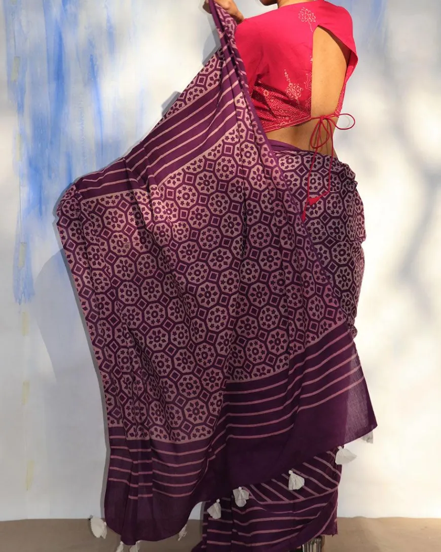 Purple Meadow Hand Blockprinted Sarees- Skd