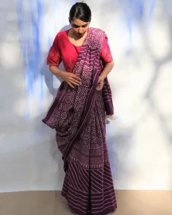 Purple Meadow Hand Blockprinted Sarees- Skd