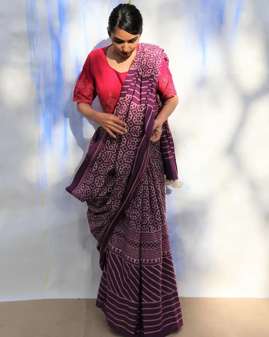Purple Meadow Hand Blockprinted Sarees- Skd