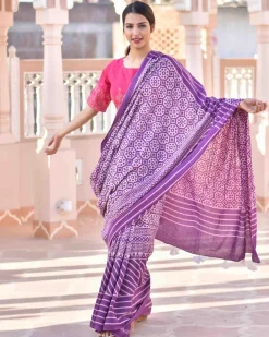 Purple Meadow Hand Blockprinted Sarees- Skd