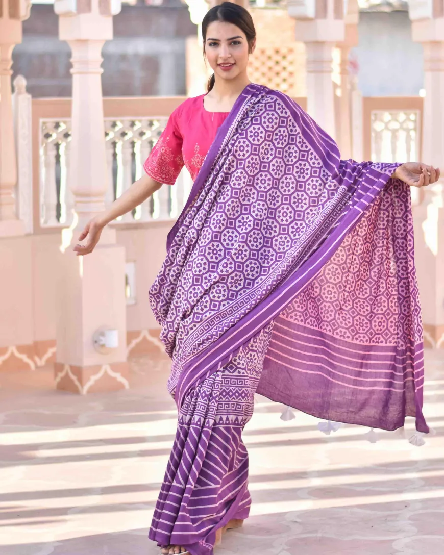 Purple Meadow Hand Blockprinted Sarees- Skd