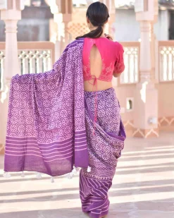 Purple Meadow Hand Blockprinted Sarees- Skd