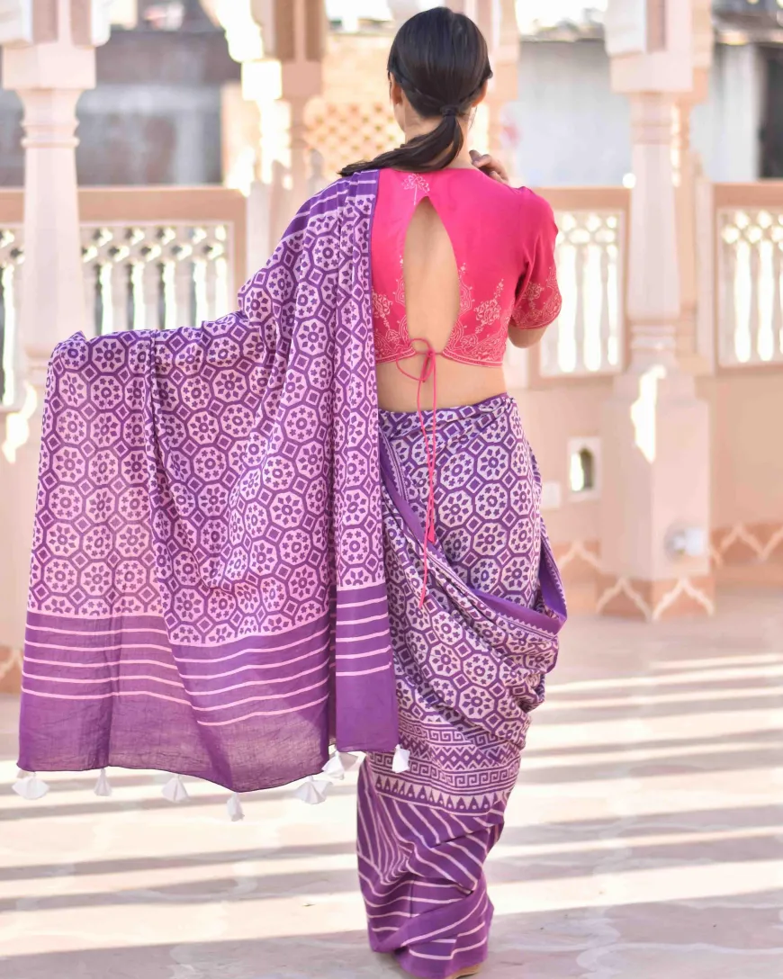 Purple Meadow Hand Blockprinted Sarees- Skd