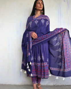 Purple Pure Cotton Block Printed Dupatta-Ajooni