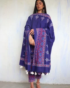 Purple Pure Cotton Block Printed Dupatta-Ajooni