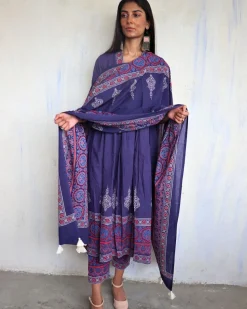 Purple Pure Cotton Block Printed Dupatta-Ajooni