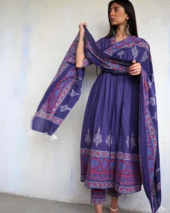 Purple Pure Cotton Block Printed Dupatta-Ajooni