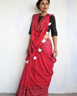 "Maroon & White Pure Cotton Block Print Saree "